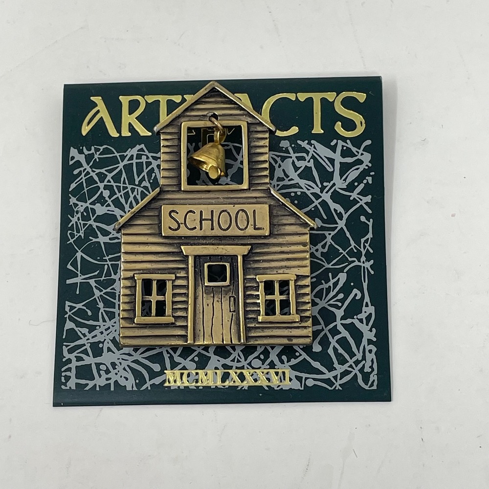 Vintage JJ Jonette Artifacts 1986 Brass Schoolhouse Pin Swinging Bell Brooch